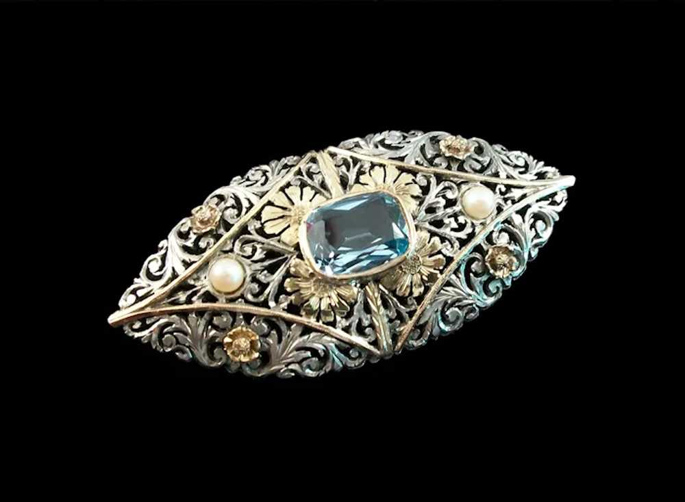 Art Nouveau Aquamarine & Pearl Brooch Set in Silv… - image 2