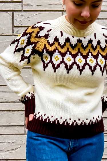 1970s Cream & Brown Fairisle Mockneck Sweater/ Sma