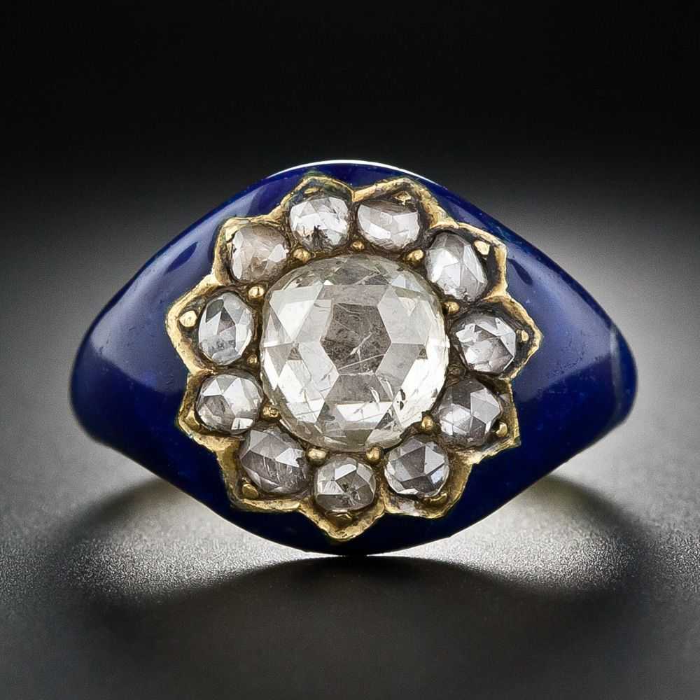 Rare Georgian 1 ct Rose-Cut Diamond and Blue Enam… - image 1