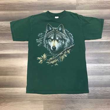VTG 90's Wolf Forest Nature Wildlife Green T-Shir… - image 1