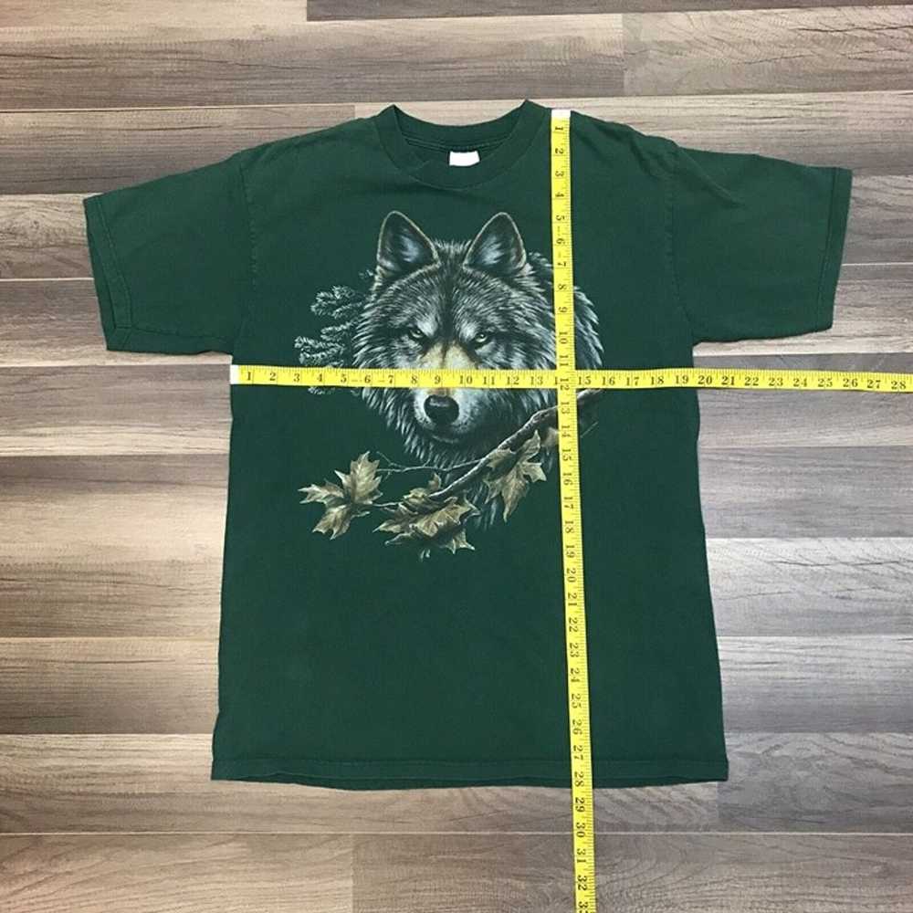 VTG 90's Wolf Forest Nature Wildlife Green T-Shir… - image 3
