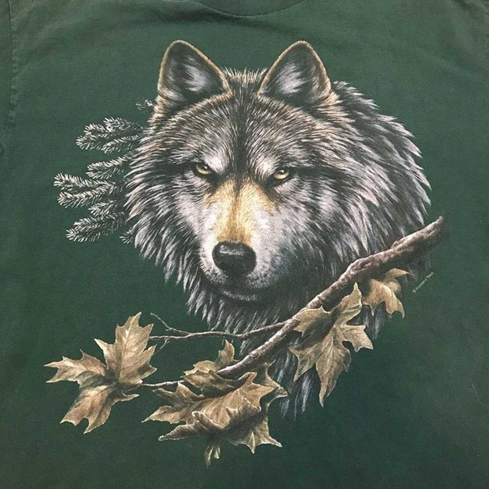VTG 90's Wolf Forest Nature Wildlife Green T-Shir… - image 4