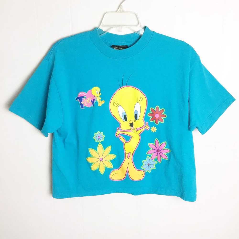 Vintage Looney Tunes Tweety Bird Teal Top Shirt S… - image 1