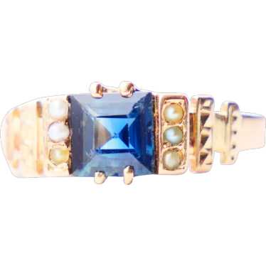 Antique Ring natural 1.3 ct. Blue Sapphire Seed P… - image 1