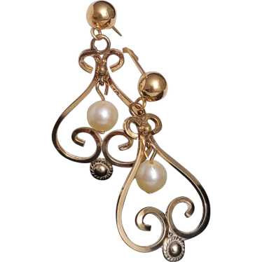 14K Gold Filigree Dangle Earring with Cultured Pe… - image 1