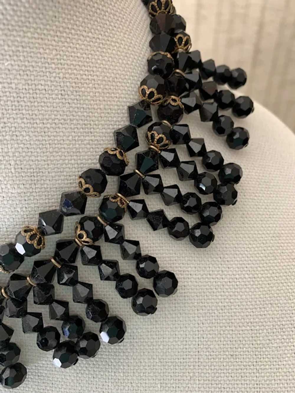 Black Beaded Fringe (Bib) Necklace,  Clip Earring… - image 3