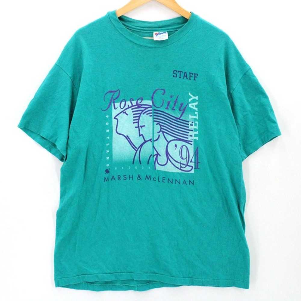 Vintage HANES Shirt Mens Green Short Sleeve Rose … - image 1