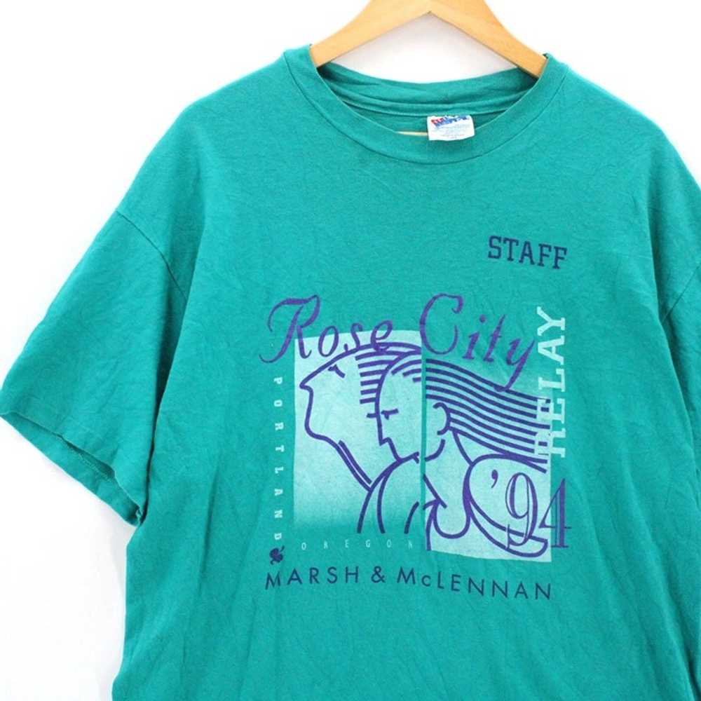 Vintage HANES Shirt Mens Green Short Sleeve Rose … - image 3