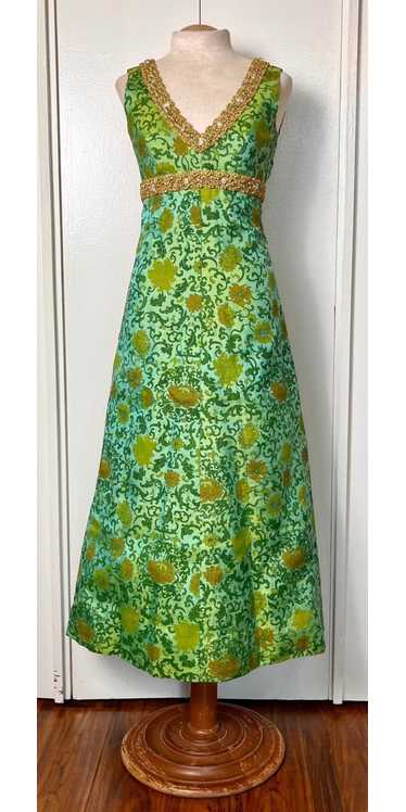 Vintage 1960's Ivy & Floral Jade-Green Brocade-Li… - image 1