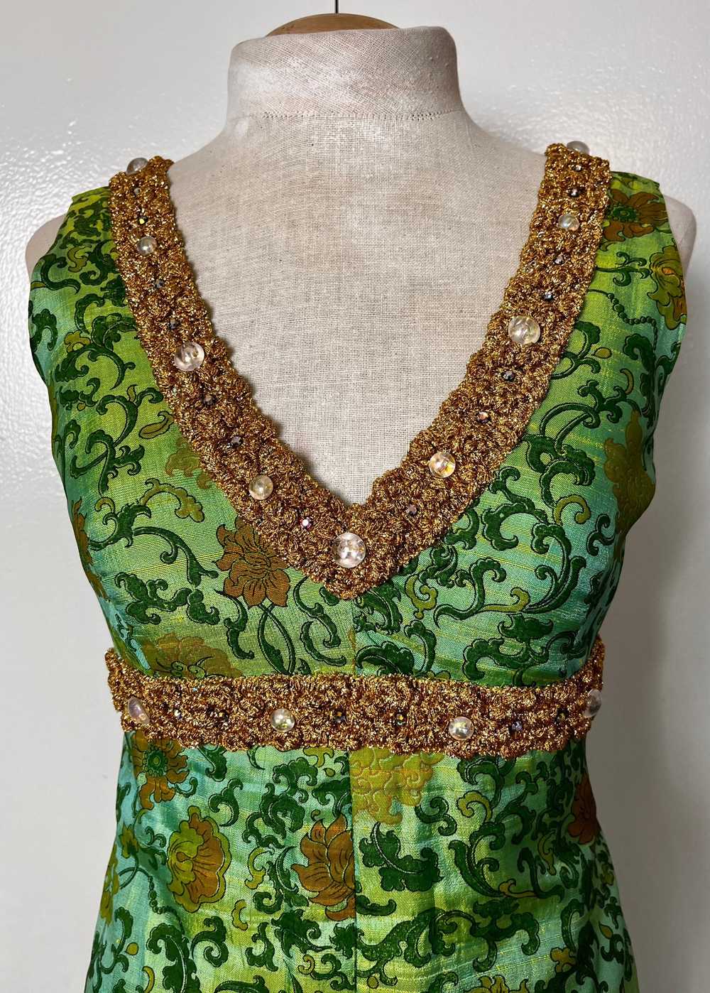 Vintage 1960's Ivy & Floral Jade-Green Brocade-Li… - image 3