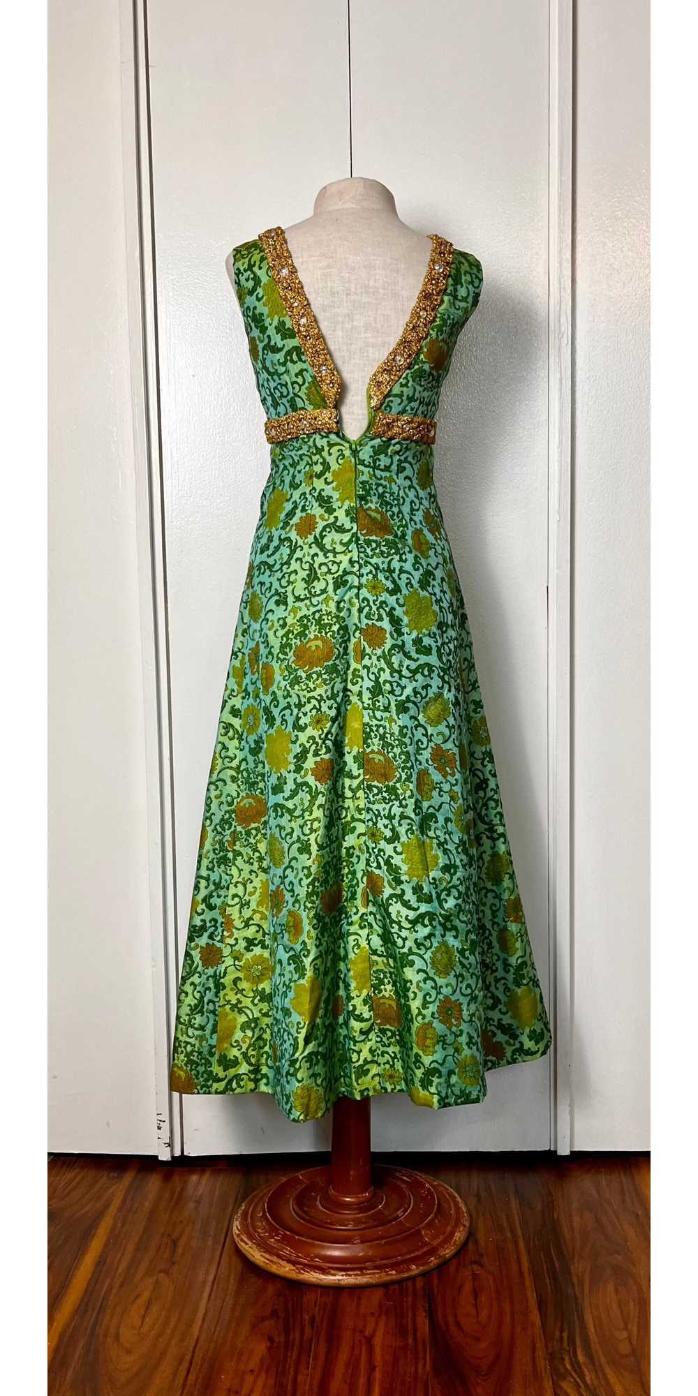 Vintage 1960's Ivy & Floral Jade-Green Brocade-Li… - image 7