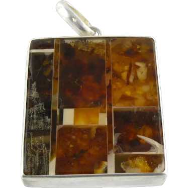 POLAND Sterling Silver Polish Orange Baltic Amber Unique Shaped Pendant