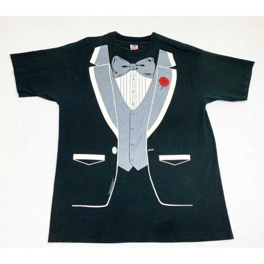 Vintage 80s Tux T-Shirt XL Black Tuxedo Single St… - image 1