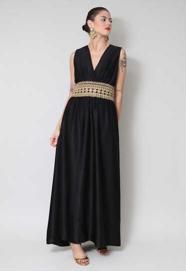 70's Vintage Dress Black Sleeveless Gold Crochet … - image 1