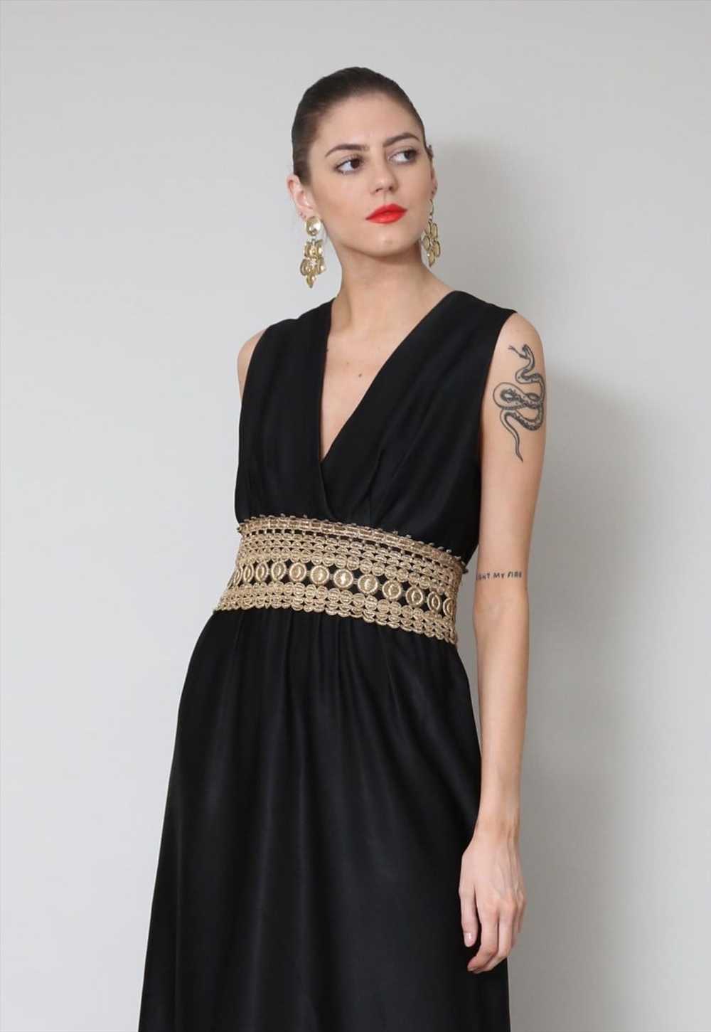 70's Vintage Dress Black Sleeveless Gold Crochet … - image 2
