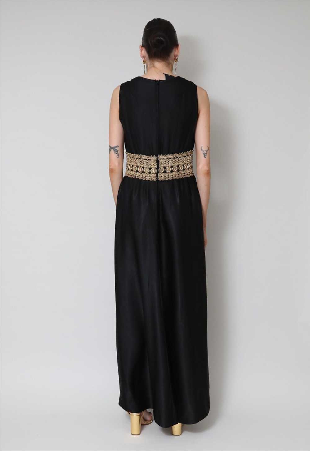 70's Vintage Dress Black Sleeveless Gold Crochet … - image 3