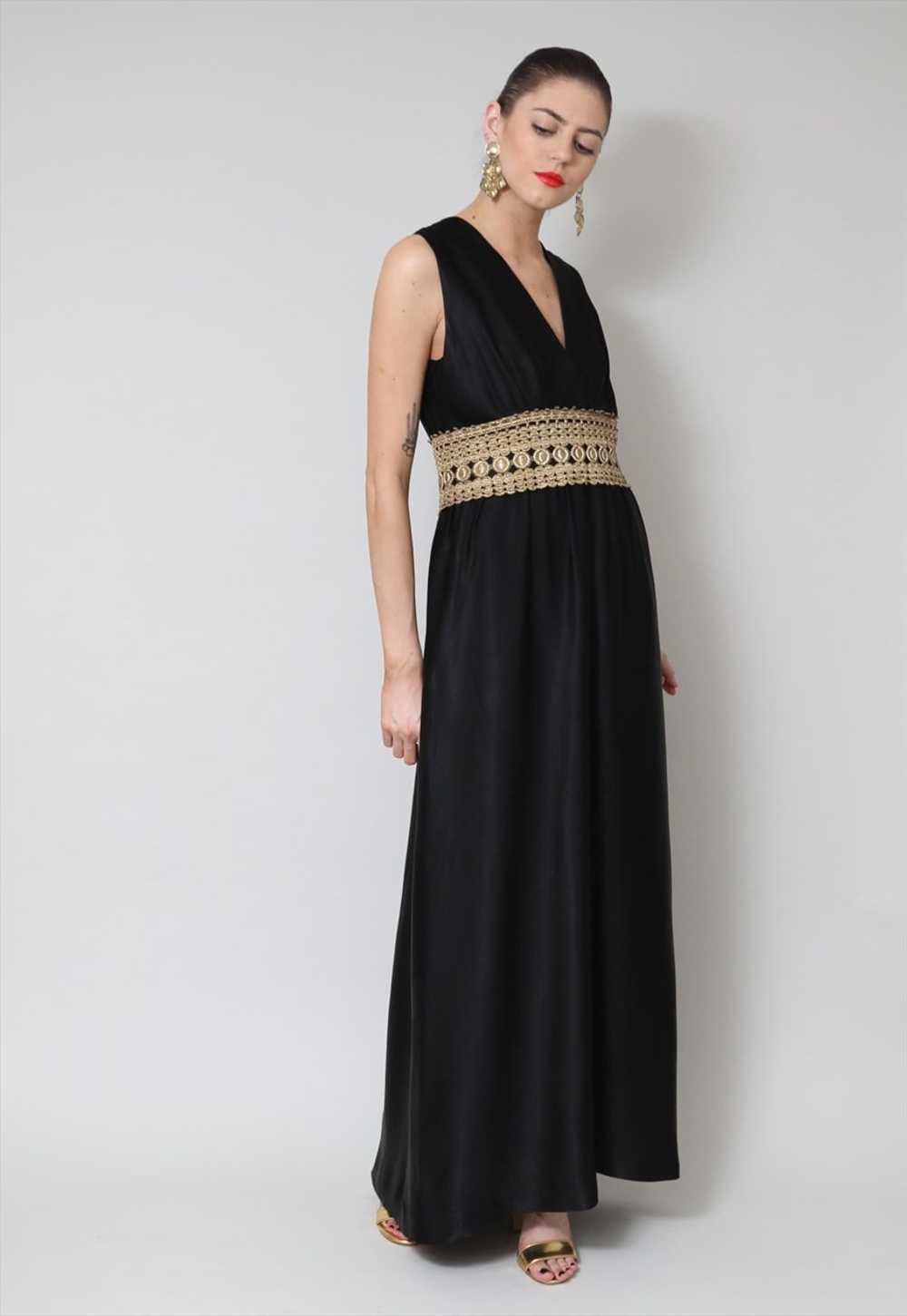 70's Vintage Dress Black Sleeveless Gold Crochet … - image 4