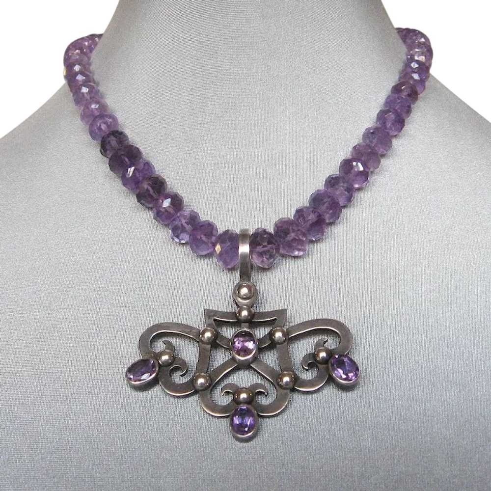 Heraldic sterling silver hearts amethyst pendant … - image 1