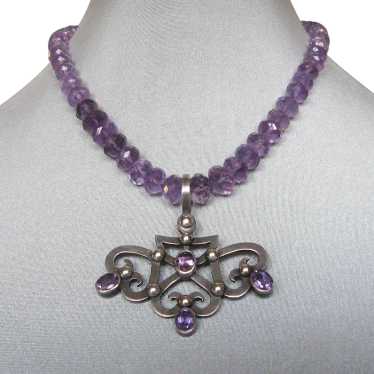 Heraldic sterling silver hearts amethyst pendant … - image 1