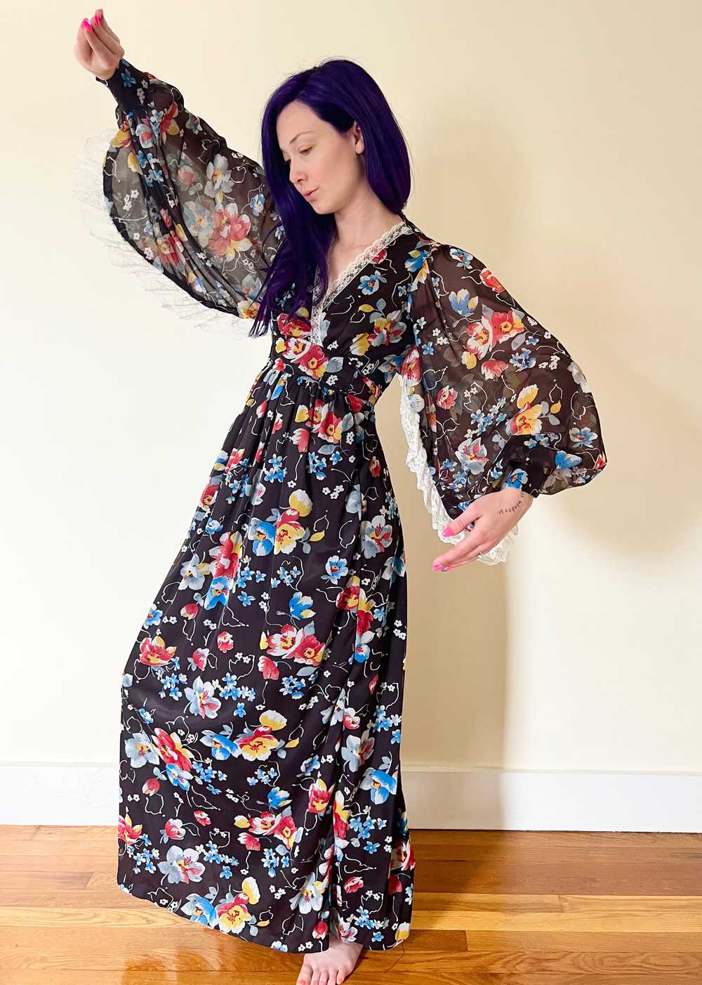 70’s Butterfly Sleeve Black Floral Lace Maxi Dres… - image 3