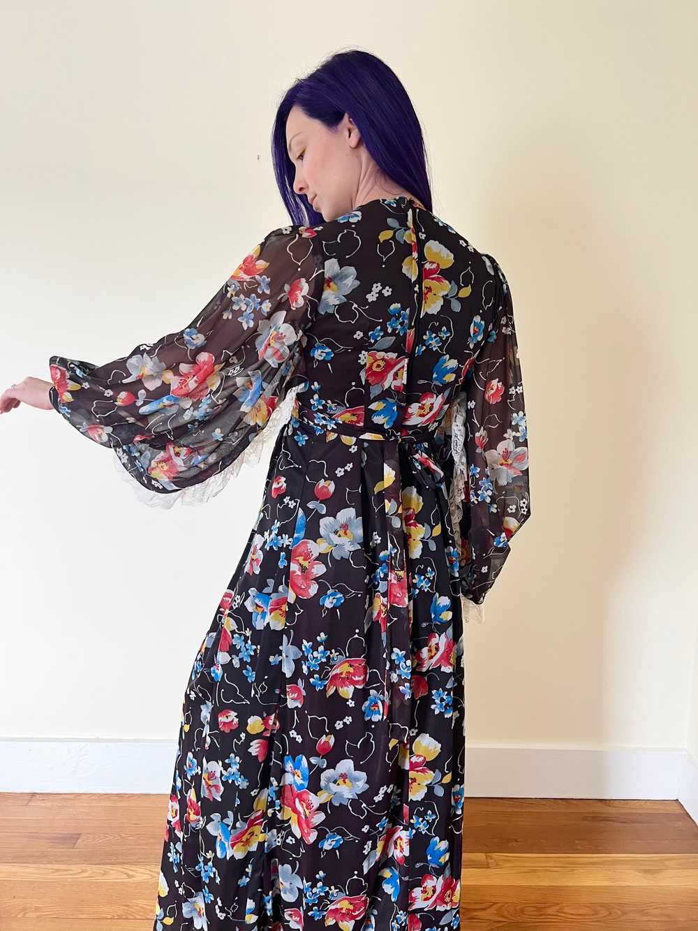 70’s Butterfly Sleeve Black Floral Lace Maxi Dres… - image 8