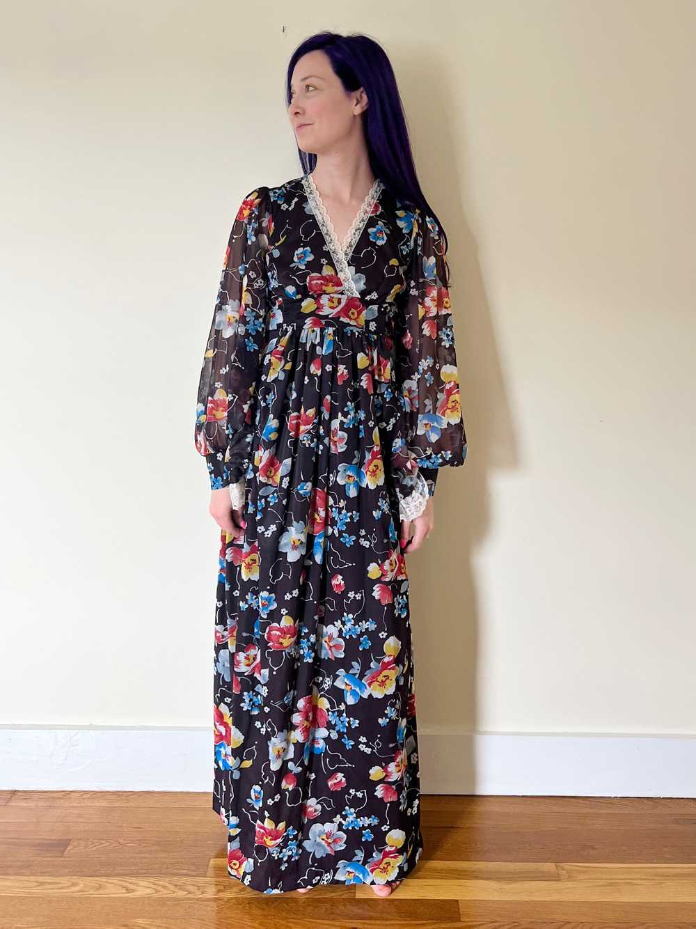 70’s Butterfly Sleeve Black Floral Lace Maxi Dres… - image 9