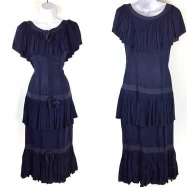 Vintage Blue ruffled pleated day dress 30s 40s 50… - image 1