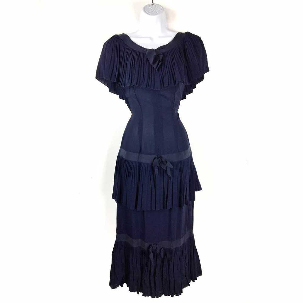 Vintage Blue ruffled pleated day dress 30s 40s 50… - image 6
