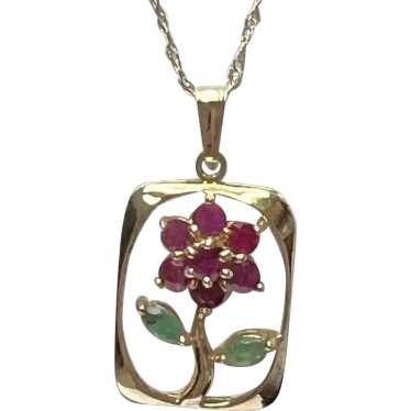 14k Yellow Gold Ruby and Emerald Flower Pendant