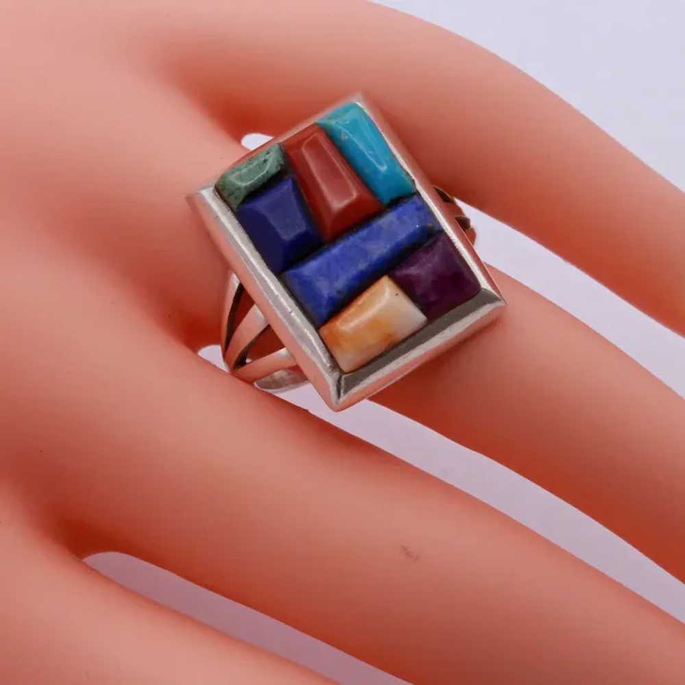 Vintage ring Man's Navajo multi gemstone silver s… - image 10