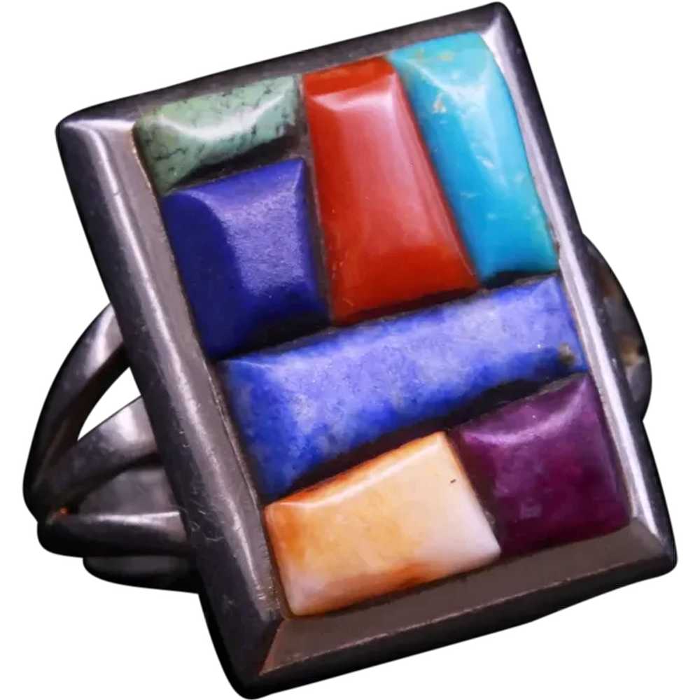 Vintage ring Man's Navajo multi gemstone silver s… - image 1