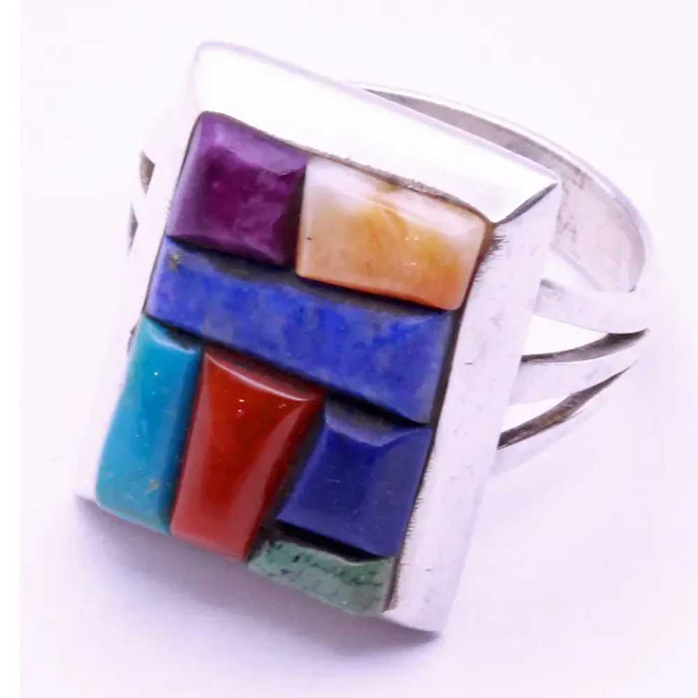 Vintage ring Man's Navajo multi gemstone silver s… - image 2