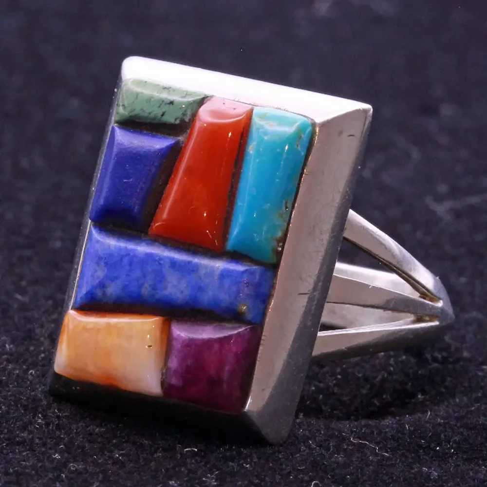 Vintage ring Man's Navajo multi gemstone silver s… - image 7