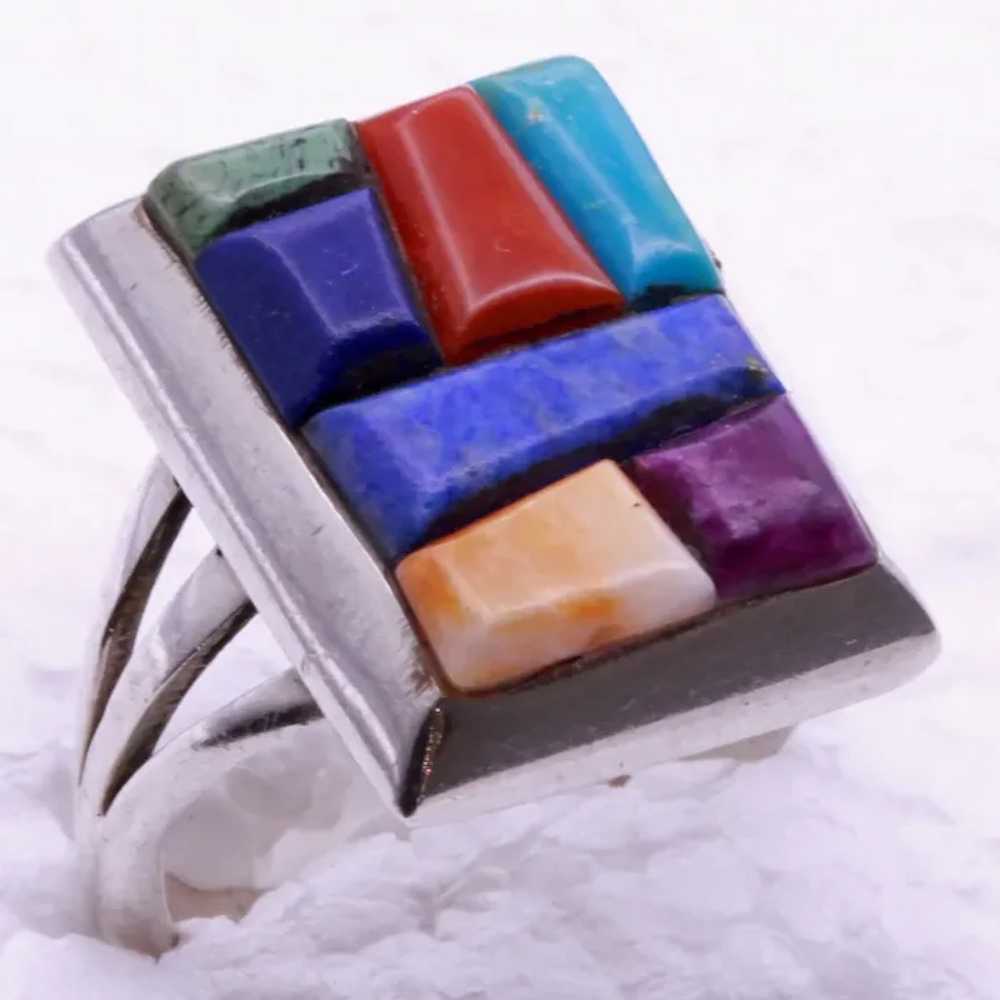 Vintage ring Man's Navajo multi gemstone silver s… - image 9