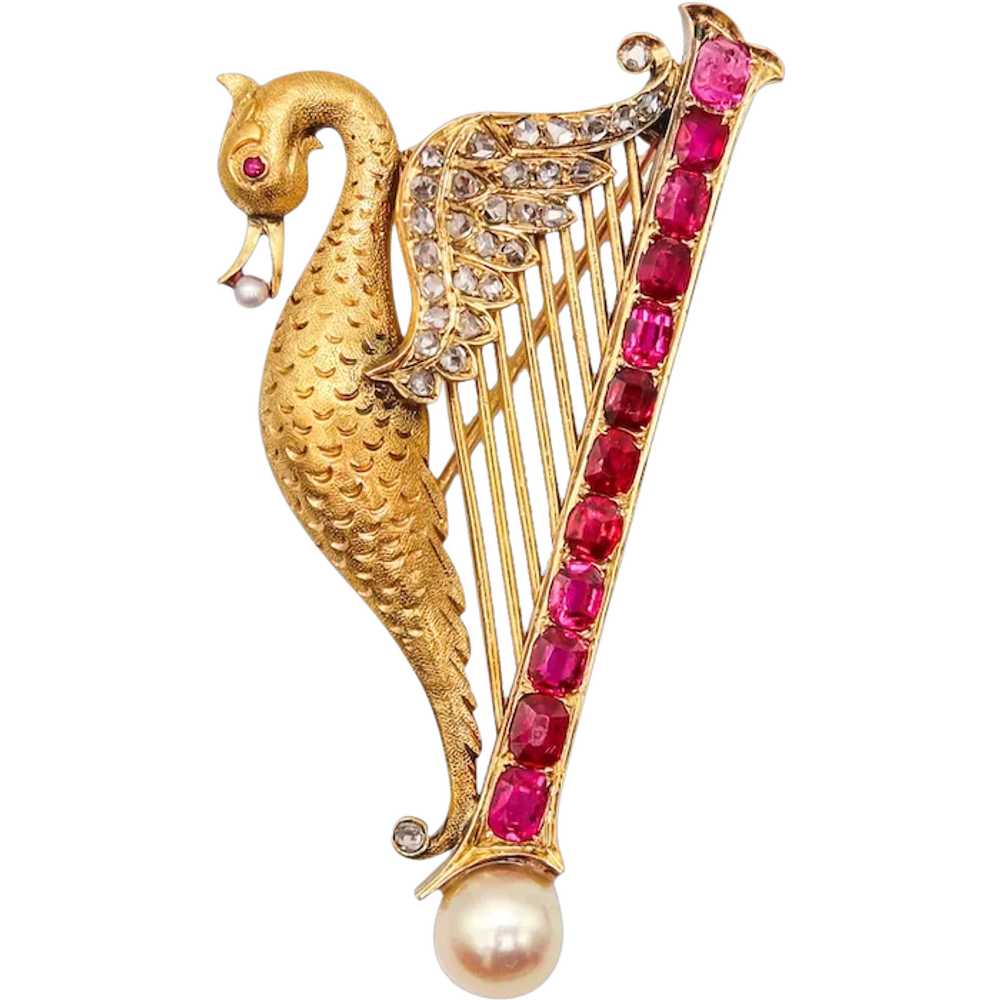 French 1890 Art Nouveau Swan Arp Brooch 18Kt Gold… - image 1