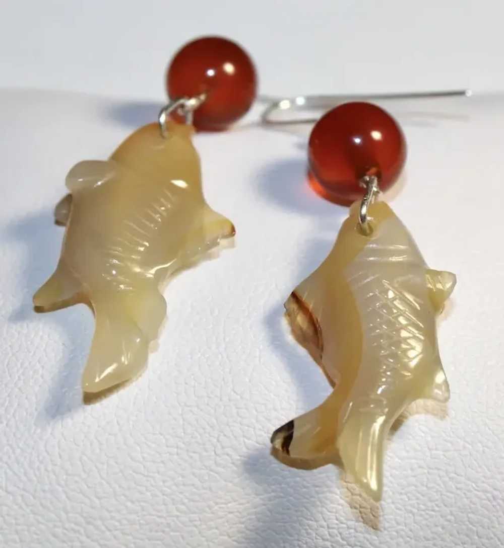 Vintage 1900's Carved Carp Koi Fish Carnelian Ear… - image 7