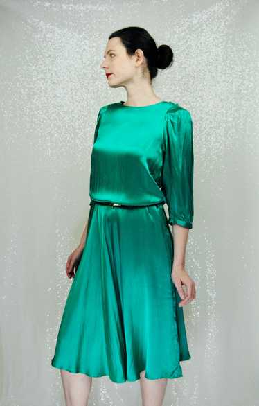 1980s Vintage Nora Noh Emerald Green Silk Dress -… - image 1