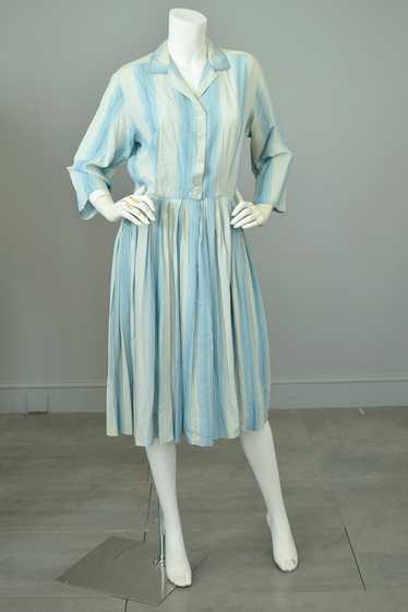 1950s 60s Sky Blue Striped Silk Shirtwaist Dress |