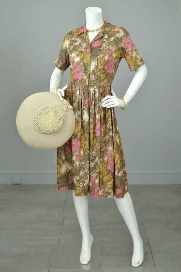 1950s Taupe Gold Pink Feathery Leaf Novelty Print 