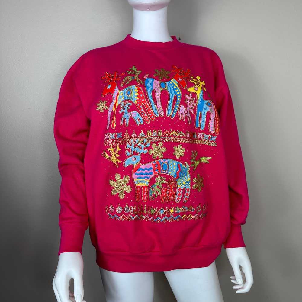 1980s/90s Pink Reindeer Sweatshirt, Glitter Print… - image 1