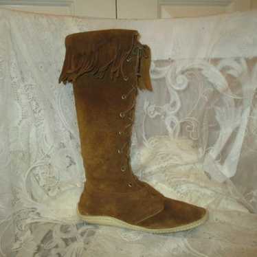 vintage fringed boho suede boots - image 1