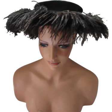 SALE Fanciful Black Felt & Feather Hat Mid Century