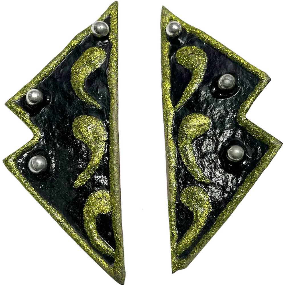 Vintage Green Glitter Geometric Earrings - image 1