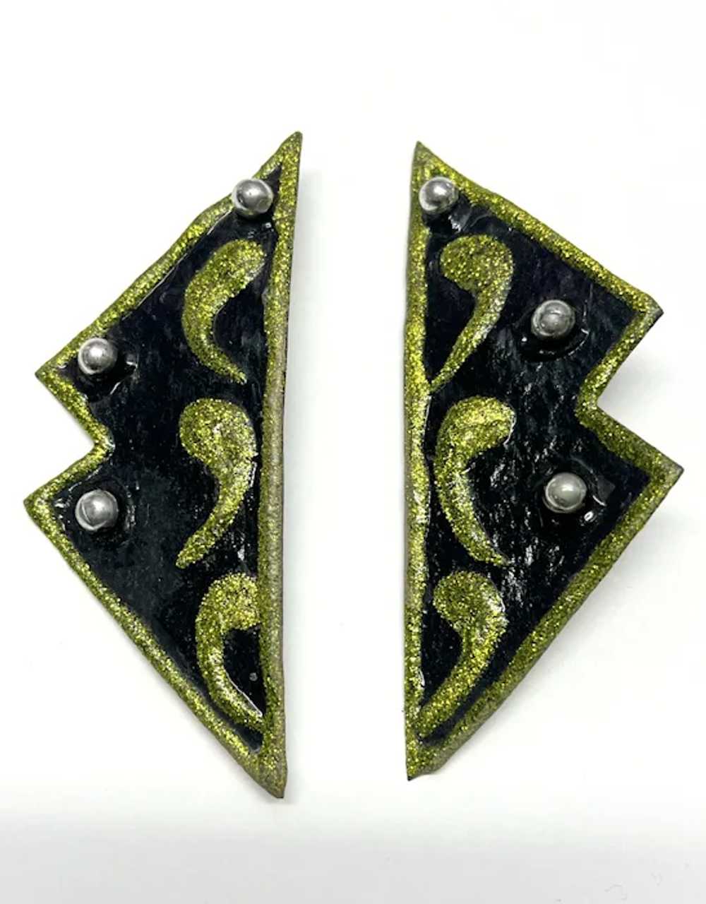 Vintage Green Glitter Geometric Earrings - image 2