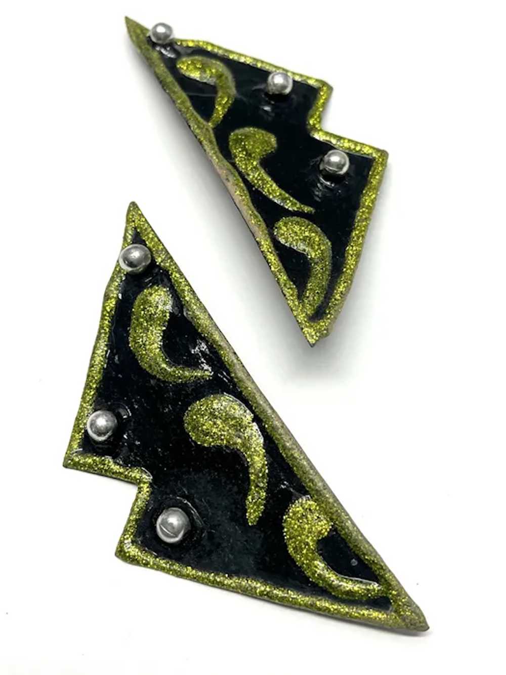 Vintage Green Glitter Geometric Earrings - image 3
