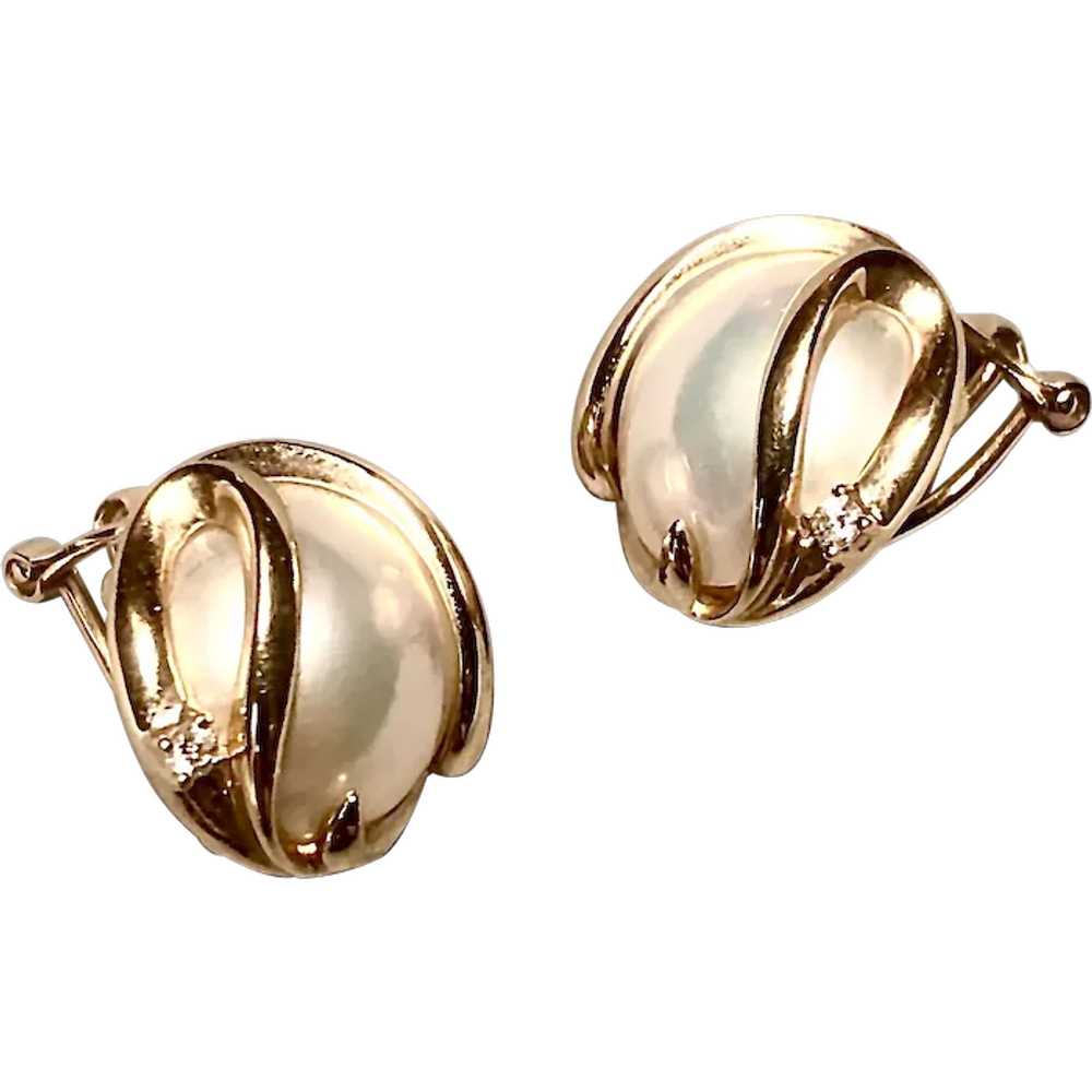 Cultured Mabe pearl, gold and diamond earrings - image 1
