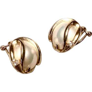 Cultured Mabe pearl, gold and diamond earrings - image 1