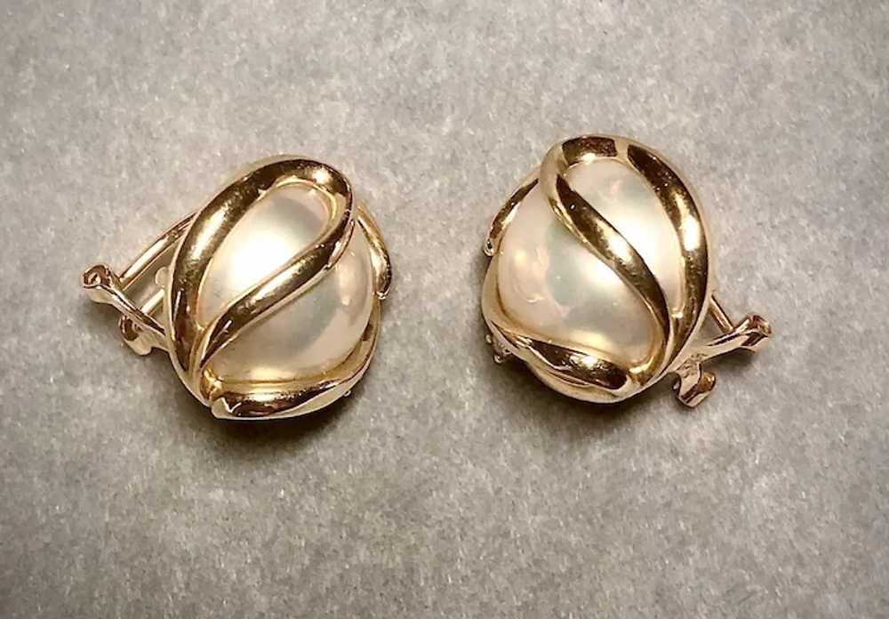 Cultured Mabe pearl, gold and diamond earrings - image 2