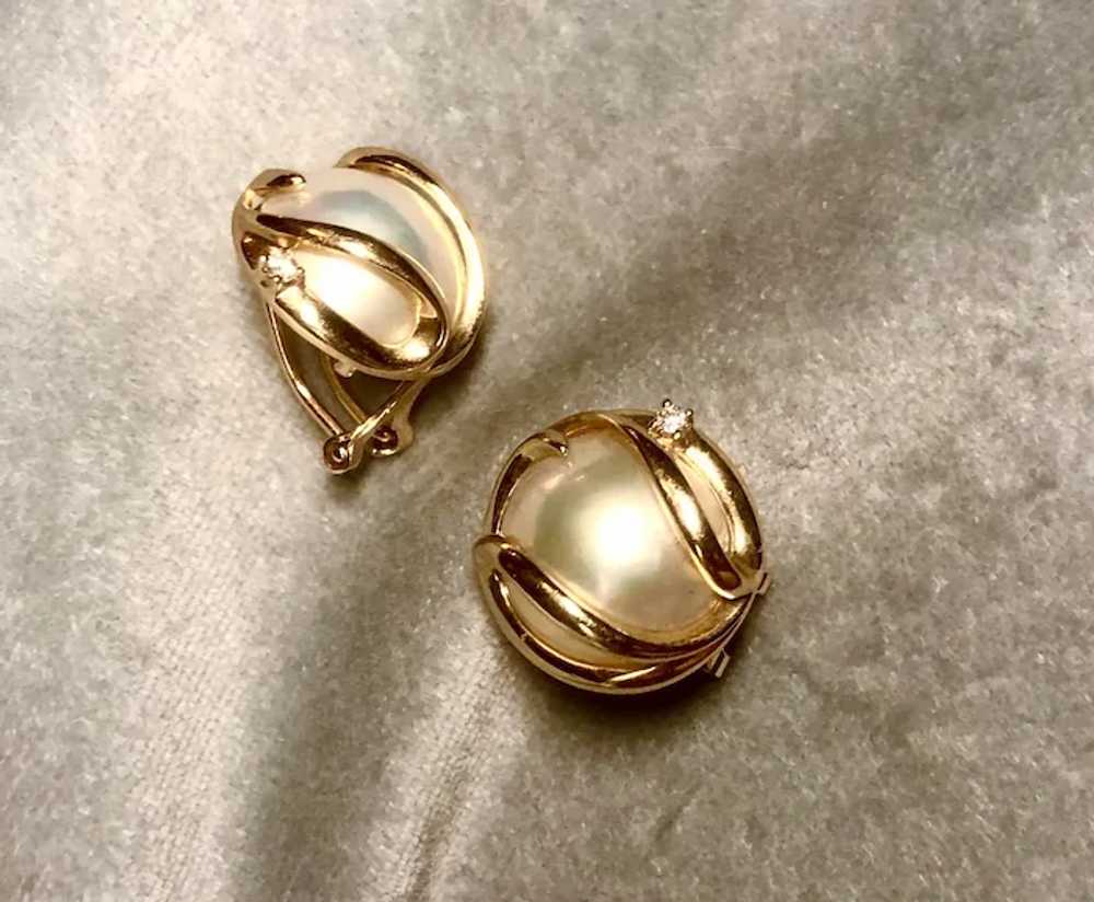 Cultured Mabe pearl, gold and diamond earrings - image 4