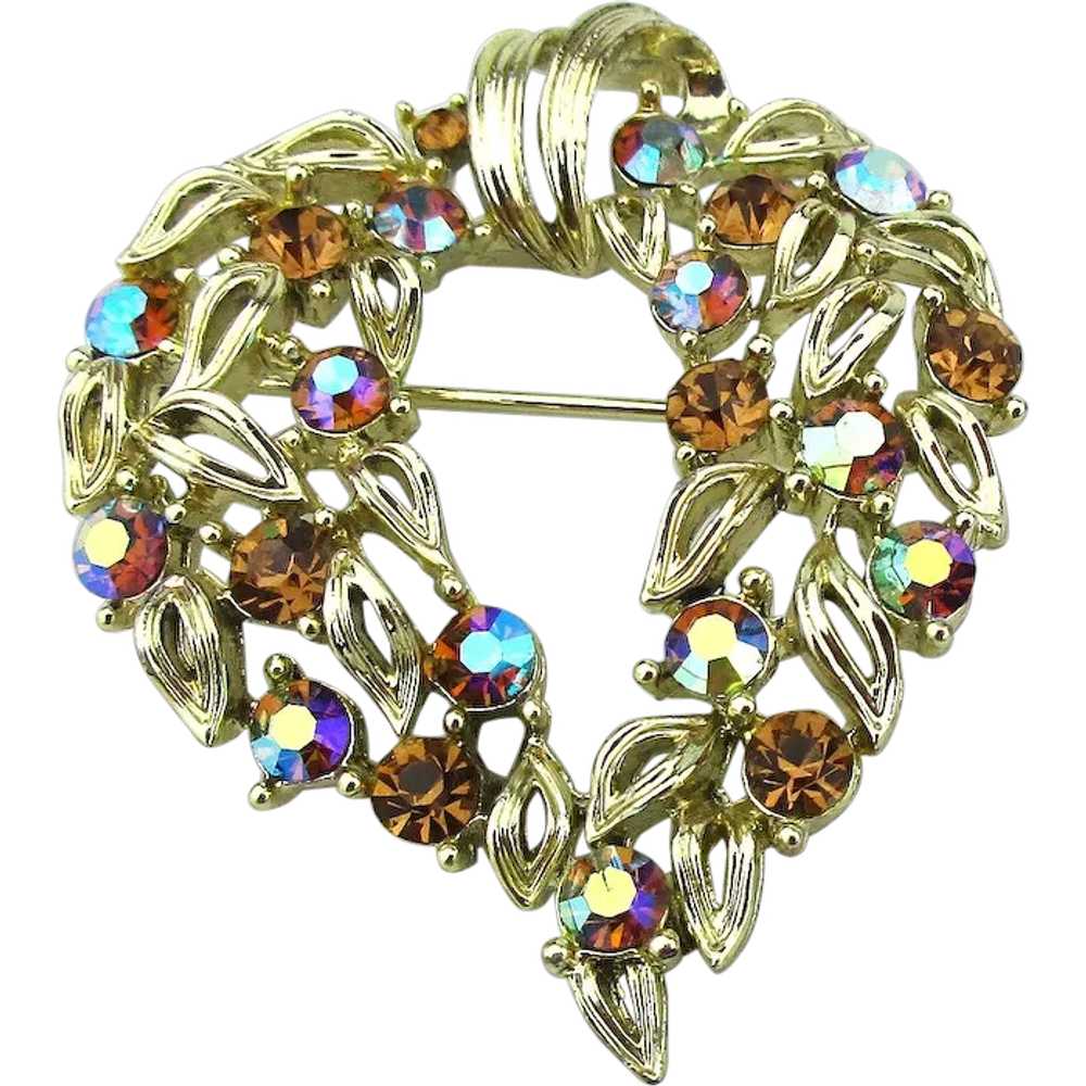 Vintage LISNER Rhinestone Wreath Pin AB Crystals - image 1